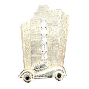 Vintage Brooch Pin 2.5 Inch Goldtone Art Deco Building Retro Car